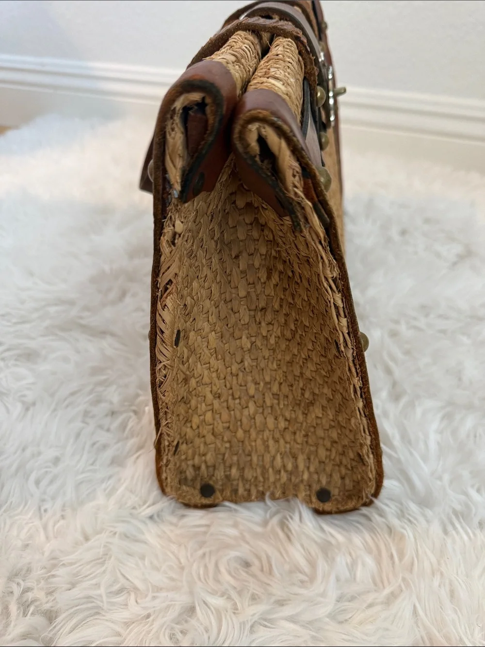 1960’s John Romain Bohemian Straw Attaché Bag  with Brown Leather Trim